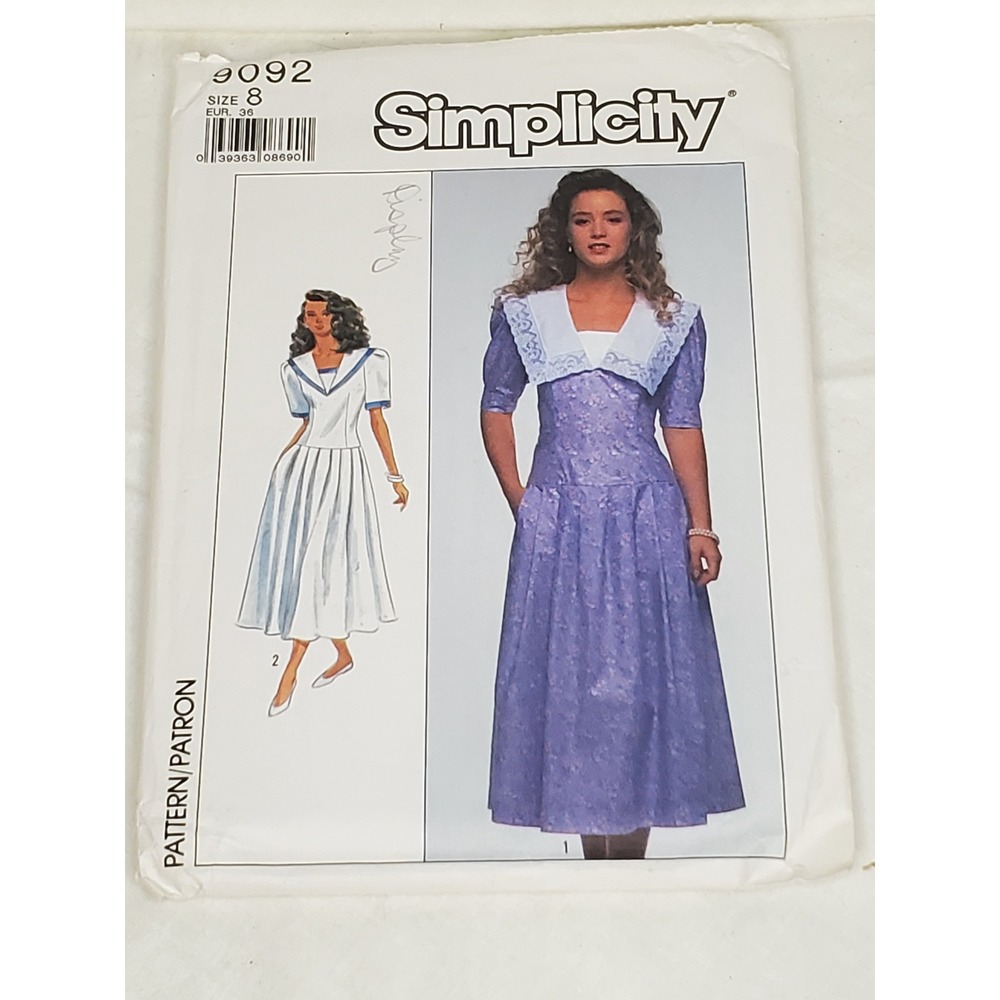Vintage‎ 1989 Simplicity 9092 Sewing Pattern Dress Contrast Collar Size 8 80s